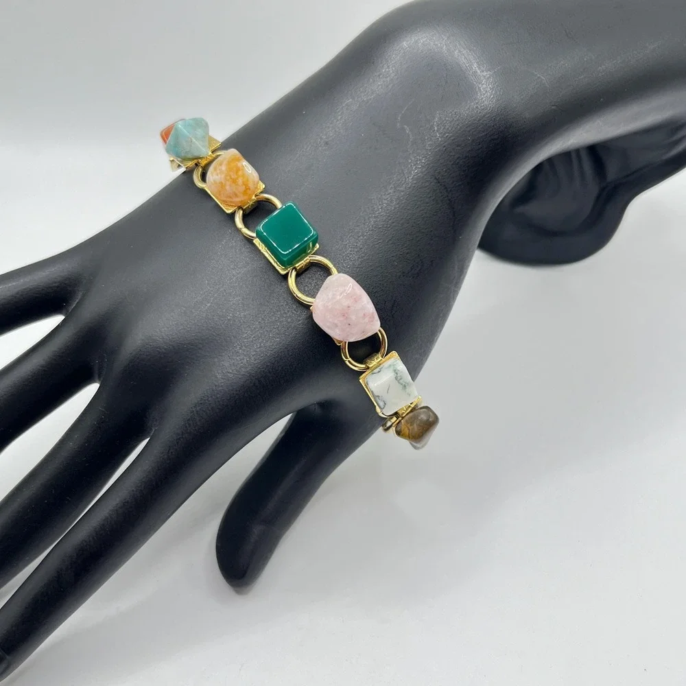 Vintage Gold Tone Link Chain Semi-Precious Natural Stone Chip Bracelet